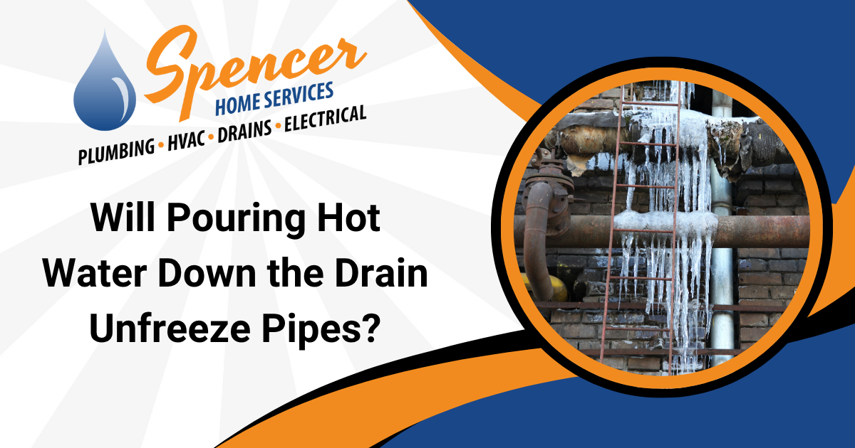 A frozen outdoor pipe covered in icicles sits beside a plumbing service ad questioning if pouring hot water down the drain will help unfreeze pipes.