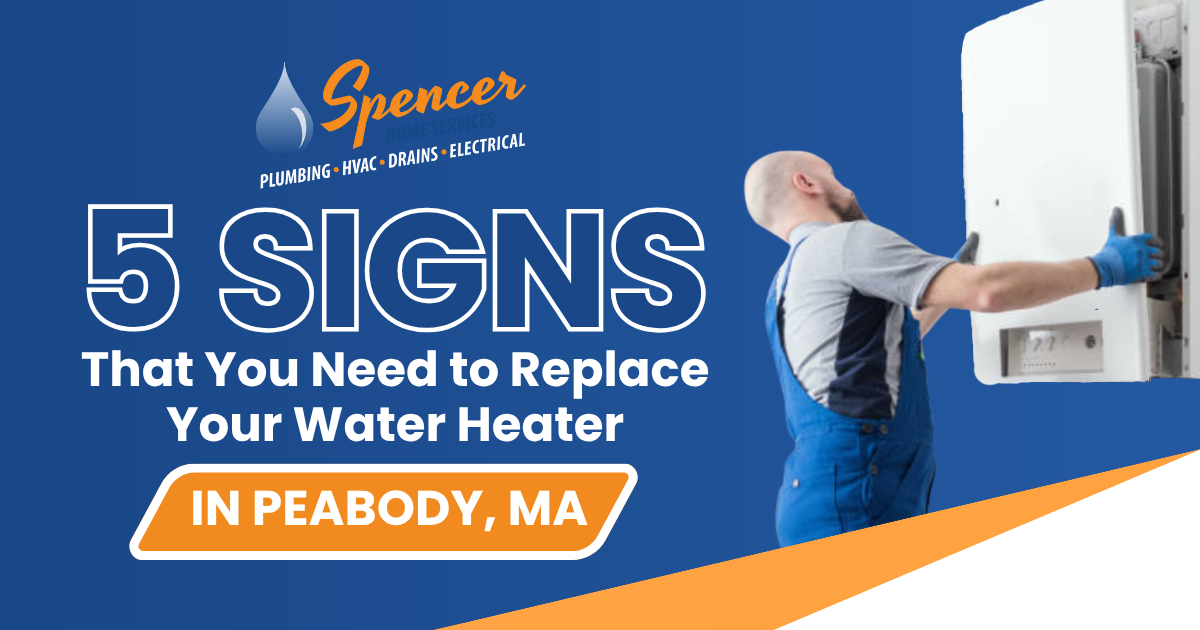 A plumber inspects a wall-mounted water heater next to text about signs of bad water heater and when to consider a water heater replacement in Peabody, MA for Spencer Home Services.