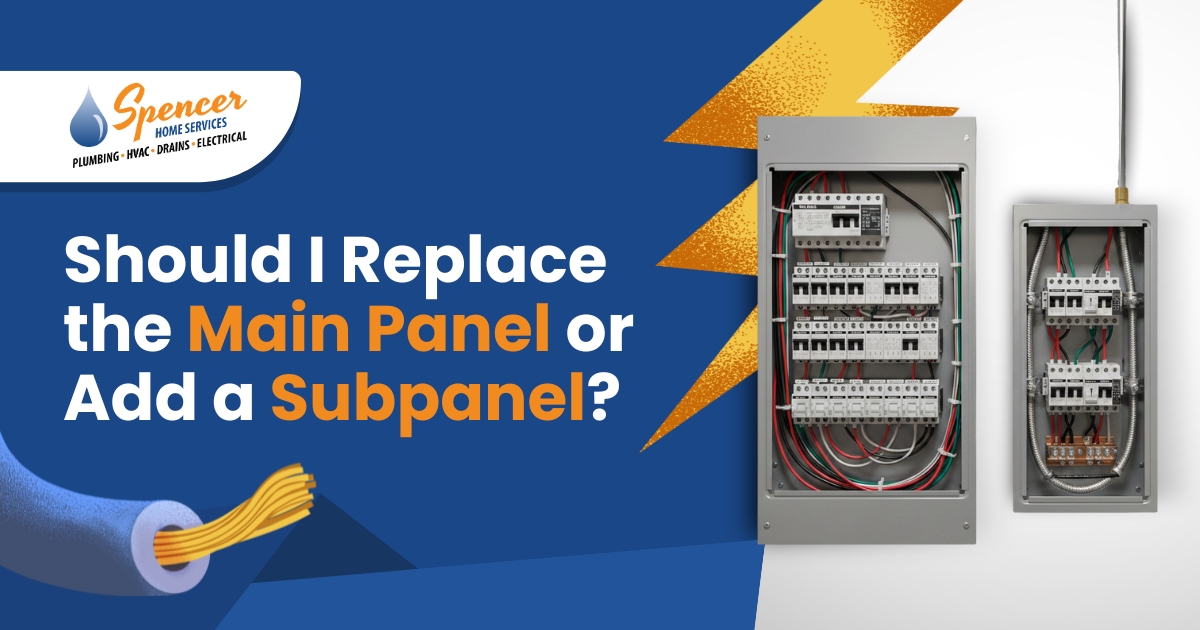 Two electrical panels mounted on a wall, with the text "Should I Replace the Main Panel or Add a Subpanel?"—exploring main panel replacement and electrical panel upgrade options. Features Spencer Home Services logo.