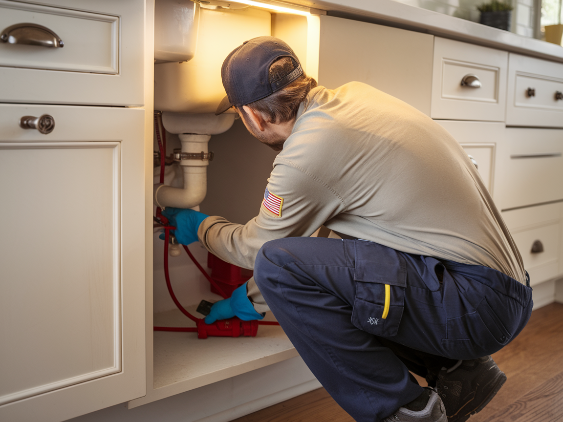 Spencer Home Services drain cleaning technician clearing a kitchen drain