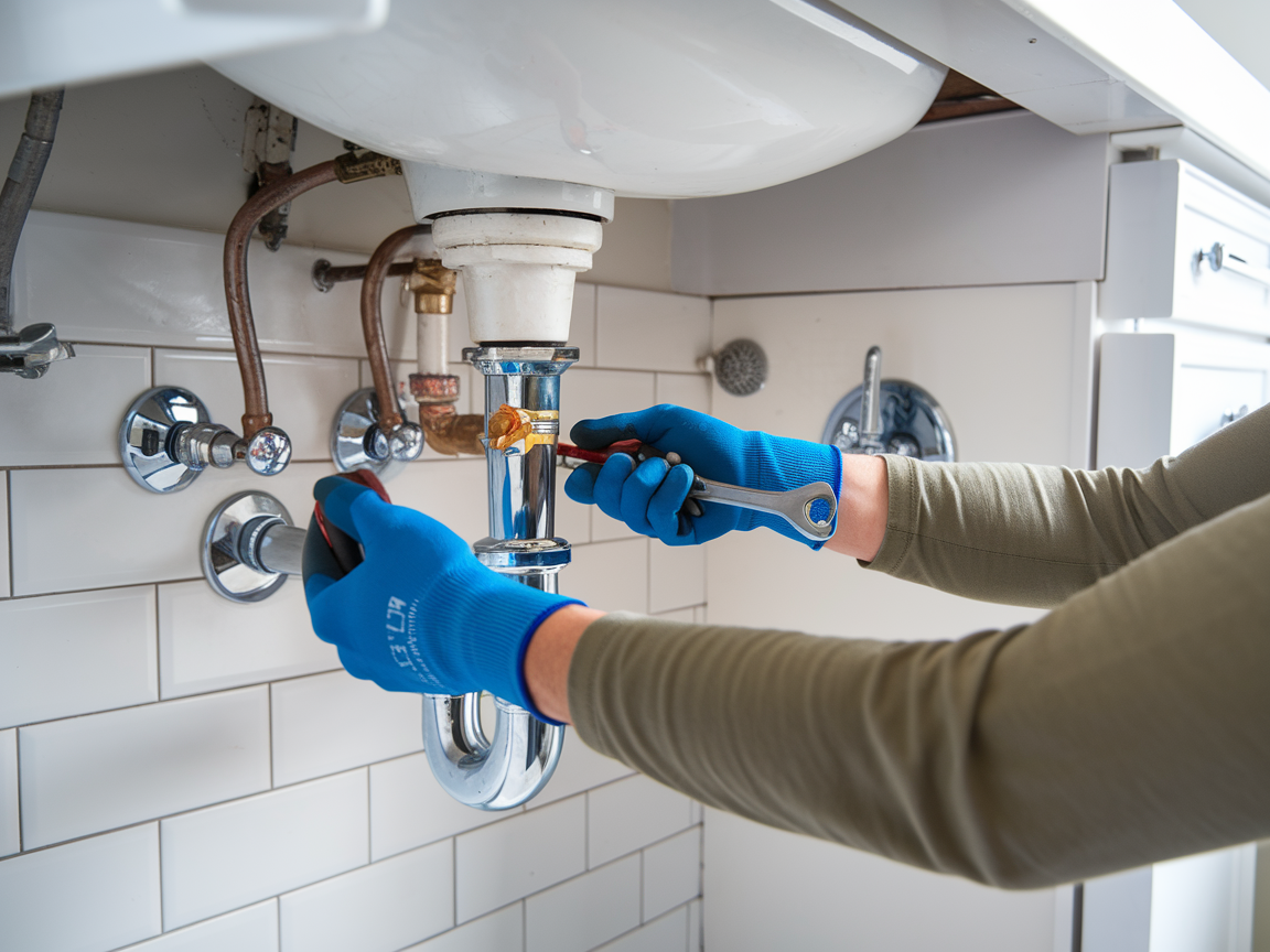 Spencer Home Services technician in grey uniform diagnosing clogged bathroom drain