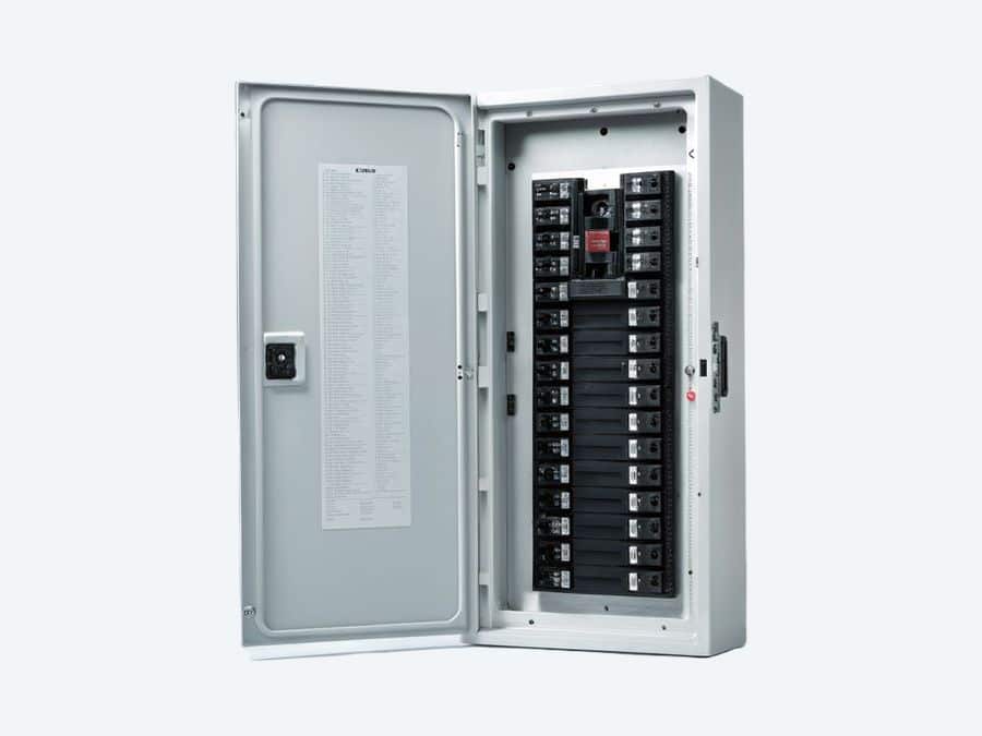 An open residential electrical breaker panel on a plain background
