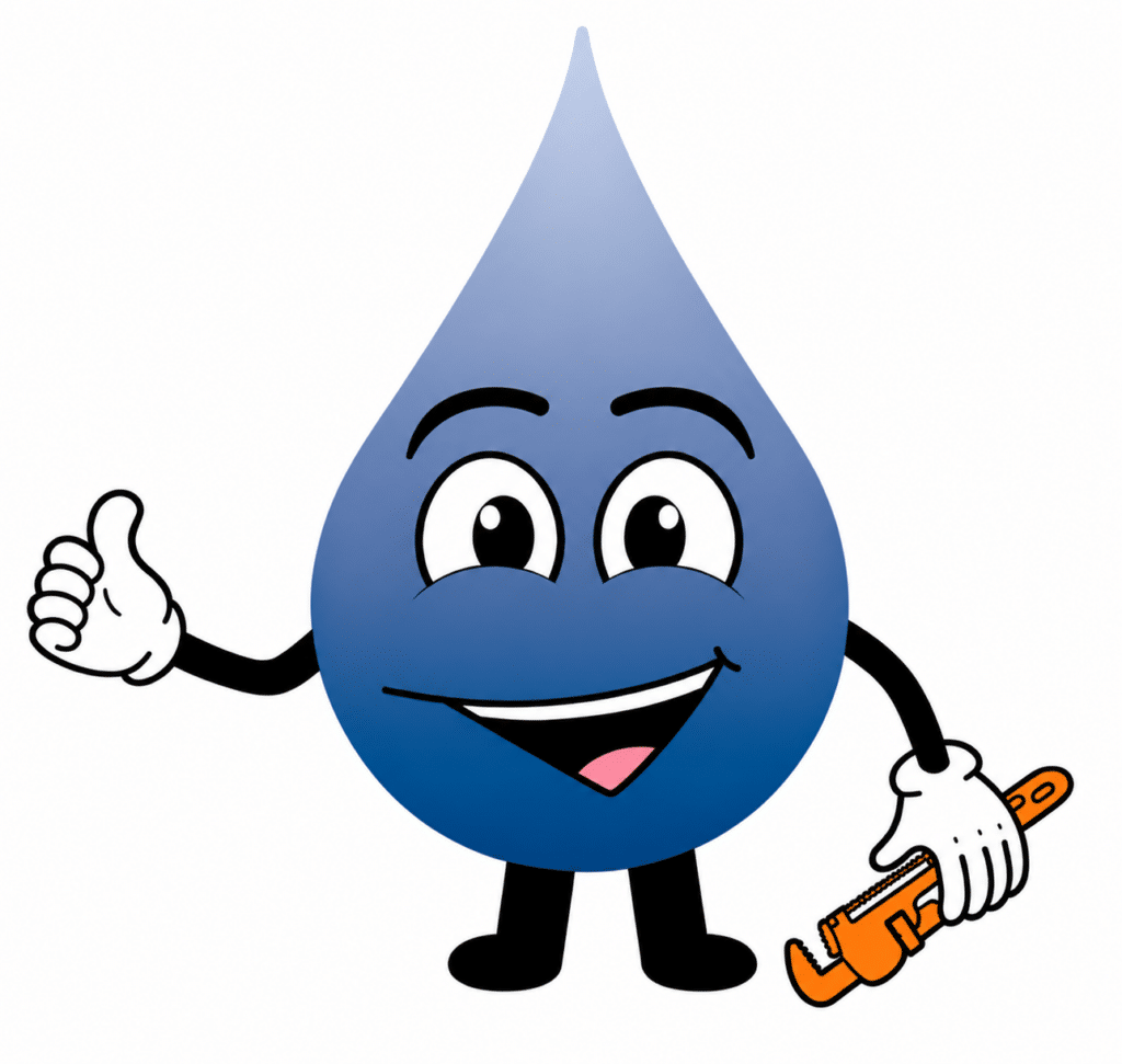 Spencer water-drop mascot giving a thumbs-up and holding an orange pipe wrench